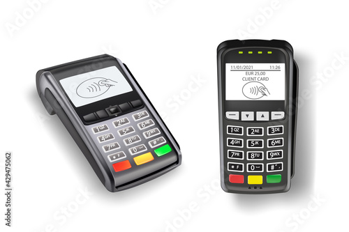 Payment terminal machine for credit cards set. Two electronic wireless readers for purchases vector illustration. Contactless technology for transactions isolated on white background