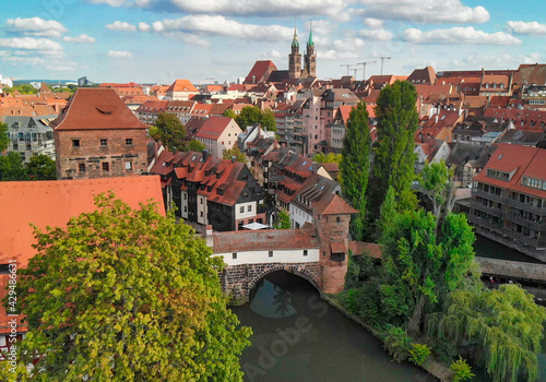 Aerial view of Nuremberg medieval skyline from drone, Germany