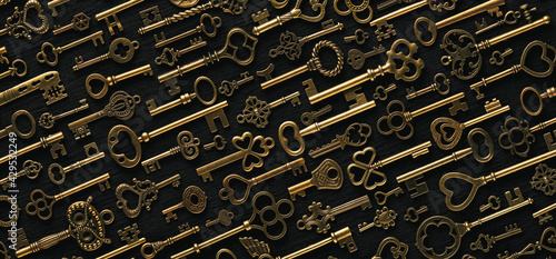 Background of vintage victorian style gold skeleton keys. Concepts of keys to success, unlocking potential, or security solutions.