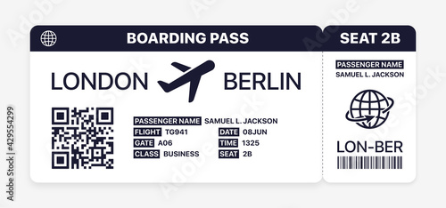Realistic airline ticket. Isolated flight boarding pass on white background. Modern plane ticket with city, passenger, gate, flight, class, seat. Travel concept, flat vector illustration.