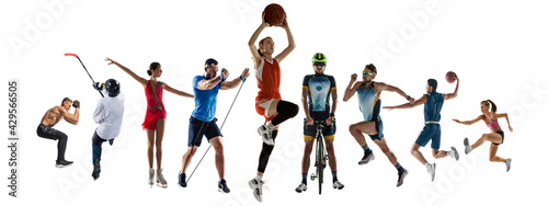 Collage of different 8 professional sportsmen, fit people in action and motion isolated on white background. Flyer.