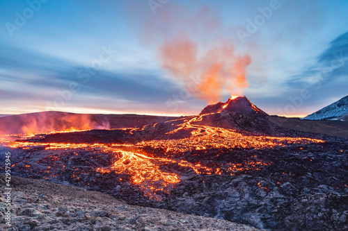 fagradalsfjall volcano eruption, iceland, volcano, sunrise light, lava show