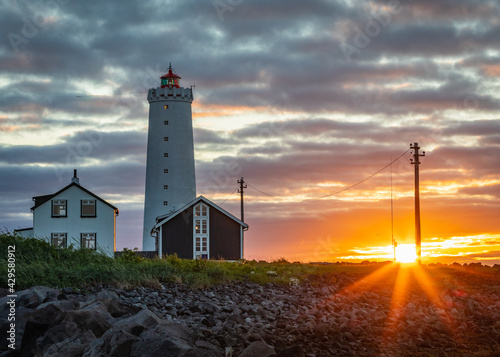 lighthouse at sunset, seljarnarnes, grotta lighthouse, reykjavik, beautiful sunset