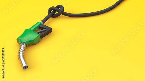 Fuel pump with hose Knot. Fuel sales limitation concept. Yellow background. Copy space for text. 3d render