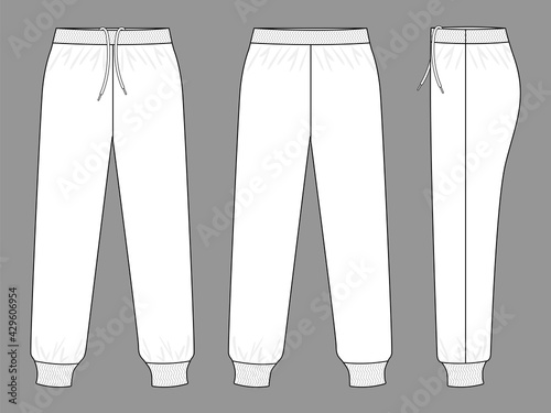 White Tracksuit Pants Template on Gray Background. Front, Back, and Side Views, Vector File.