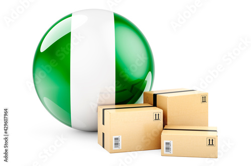 Parcels with Nigerian flag. Shipping and delivery in Nigeria, concept. 3D rendering