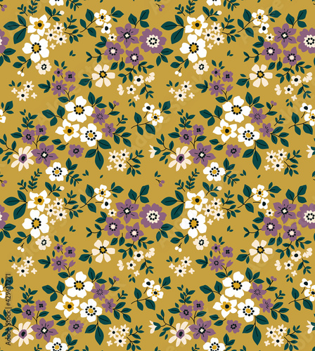 Vintage floral background. Floral pattern with small white and violet flowers on a yellow gold background. Seamless pattern for design and fashion prints. Ditsy style. Stock vector illustration.