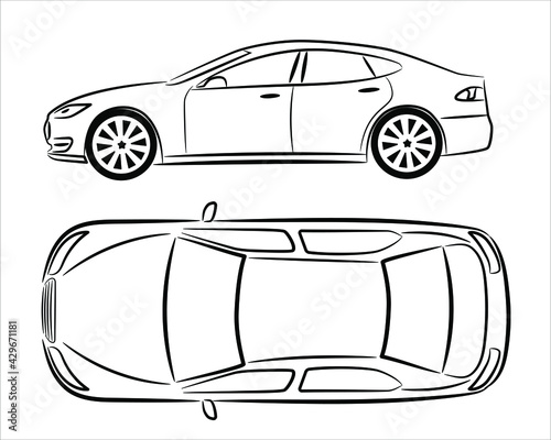 Modern car sedan, abstract silhouette on white background. Vehicle icons set view from side and top. A hand drawn line art.