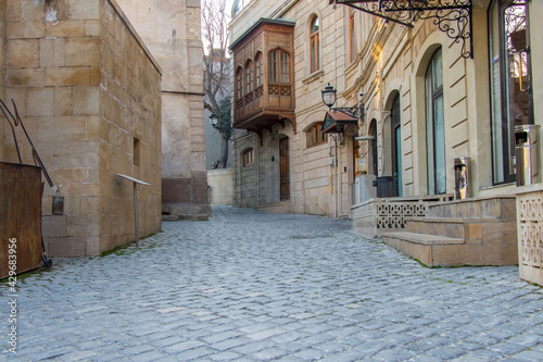 Quiet narrow street in old town of Baku - Azerbaijan. Street view in the Icherisheher