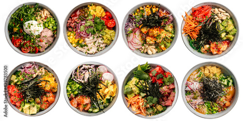 Isolated assorted variety of hawaiian poke bowls menu design collage
