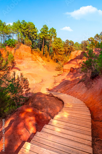 Roussillon, red rocks of Colorado colorful ochre canyon in Provence, landscape of France