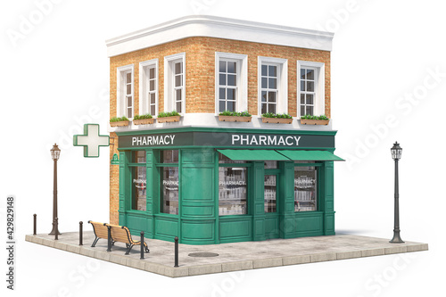 Pharmacy or drug store building exterior isolated on white background.