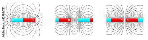 Electromagnetic field and magnetic force. Polar magnet schemes. Educational magnetism physics vector. Magnetic field earth, science physics education illustration