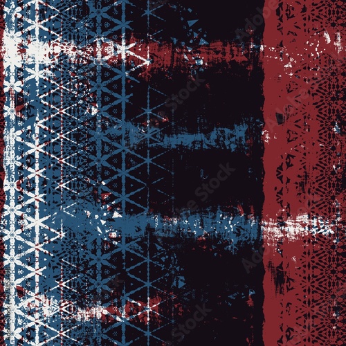 Seamless abstract pattern in flat red blue black white. High quality illustration. Abstract modern blobs of red and blue overlaid to form a modern attractive abstract seamless surface design.