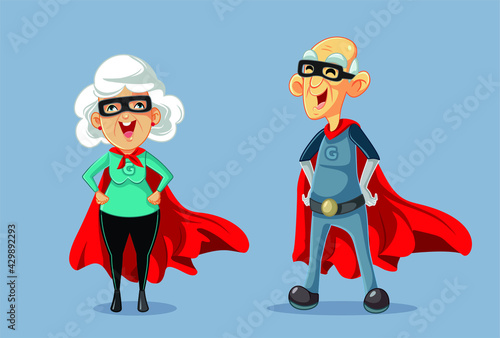 Superhero Grandparents Vector Cartoon Illustration