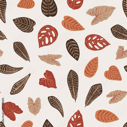 Tropics leaves seampless pattern vector modern. Color beige green, trend ornament