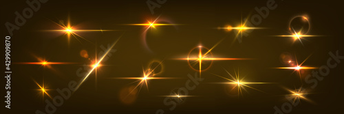 Golden light flare. Glowing glare and realistic shining effect. Blinding sunshine mockup. Lens glints or camera flash. Isolated single glittering particle. Vector bright sparkle template