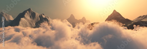 Mountains and clouds, Beautiful cloudy landscape at sunset, clouds from a height of flight, flight among the clouds to the sun, 3D rendering