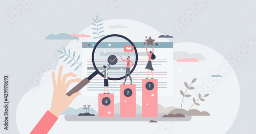 Online ranking and websites search engine top results tiny person concept. SEO for marketing optimization and internet browser positive quality assessment vector illustration. Network traffic analysis
