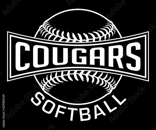 Cougars Softball Graphic-One Color-White is a one color, white on black sports design which includes a softball and text and is perfect for your school or team. Great for Cougars t-shirts and mugs.