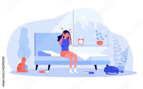 Woman waking up with splitting headache. Young female character touching head in morning, cat sitting on floor flat vector illustration. Migraine concept for banner, website design or landing web page