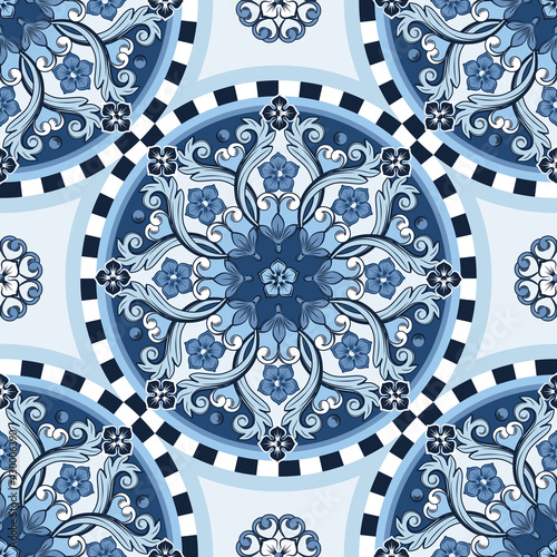 Seamless ornamental background. Blue colored ethnic round ornamental mandala. Trendy pattern. Vector illustration