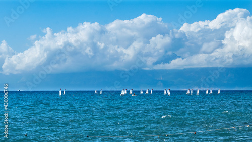 Seascape with sailboats on the horizon.