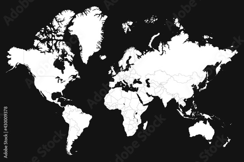 High resolution map of the world split into individual countries. High detail world map on black background