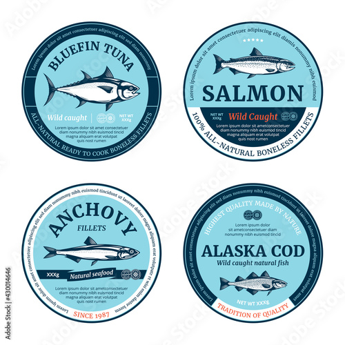 Vector fish round labels. Salmon, tuna, anchovy and cod fish illustrations