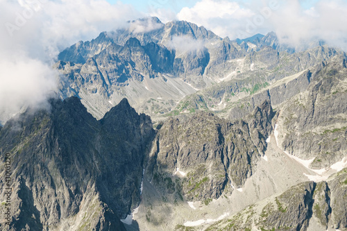  Panoramic view of mountains range landscape in High Tatras.
