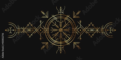 Viking magic symbol. Golden esoteric ornament, norse compass amulet. Nordic pagan spell rune for tattoo. Occult gold circle vector pattern
