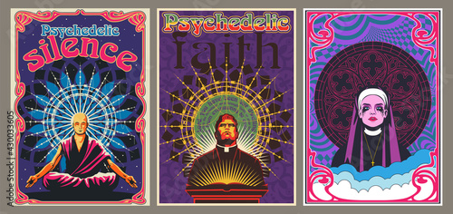 Psychedelic Religion Poster Set, Monk, Priest, Nun 1960s Posters Stylization 