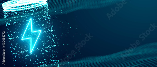 Lithium ion battery starts recharging electric energy supply, fast charging technology concept, abstract futuristic 3d rendering illustration digital cyberspace particle background