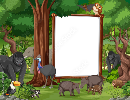 Blank banner in the rainforest scene with wild animals