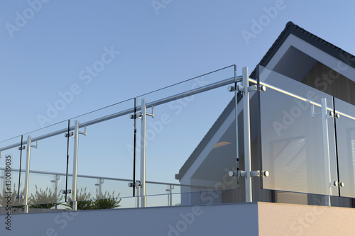 Modern stainless steel railing with glass panel and house, 3D illustration 