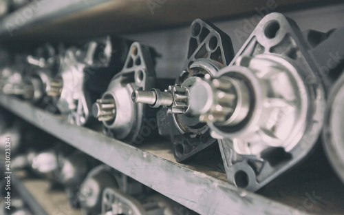 Car parts on the racks in the warehouse