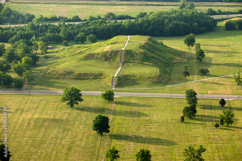 aerial view of Cahokia Mounds Native American burial grounds near Collinsville, Illinois, USA.