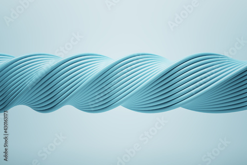 Light blue spiral pattern made of multiple wires on a light blue background. Wallpaper and background presentation design concept, 3d rendering