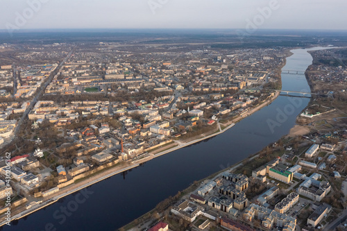 View from a great height to the center of the city of Pskov and the Velikaya River.