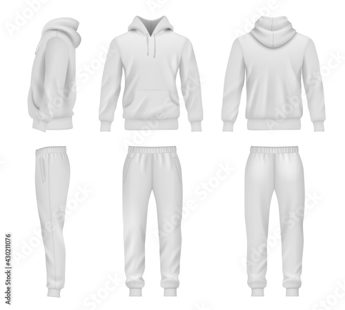 Sportswear. Hoodie mockup tracksuit sweatpants for men decent vector templates