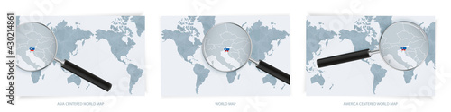 Blue Abstract World Maps with magnifying glass on map of Slovenia with the national flag of Slovenia. Three version of World Map.