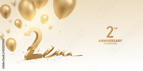2nd Anniversary celebration background. 3D Golden numbers with bent ribbon, confetti and balloons.