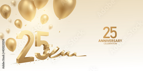 25th Anniversary celebration background. 3D Golden numbers with bent ribbon, confetti and balloons.
