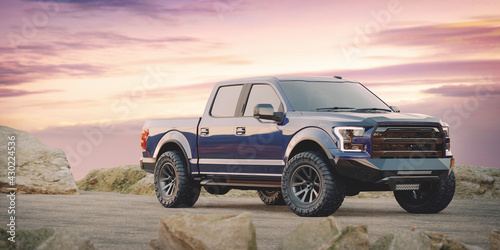 3D rendering of a brand-less generic pickup truck in studio environment 