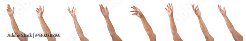 Eight different views of a lady's hand and arm throwing, catching, waving, etc. Isolated on white for easy extraction.