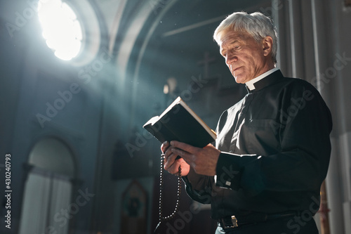 Senior priest reading the Bible during ceremony while standing in the church