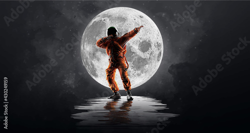 Dancing astronaut on the background of the moon and space. Vector illustration
