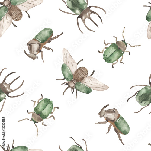Watercolor seamless pattern with green rhinoceros beetles on white background