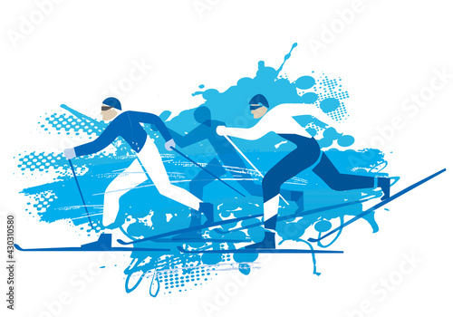 Cross Country Skiers, competition. A expressive blue drawing of three cross-country ski competitors. Vector available.