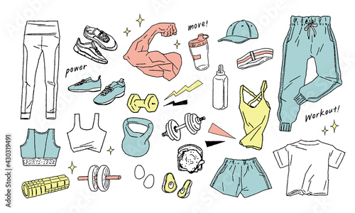 Workout motifs vector line illustrations. 筋トレの手書きベクターイラスト素材